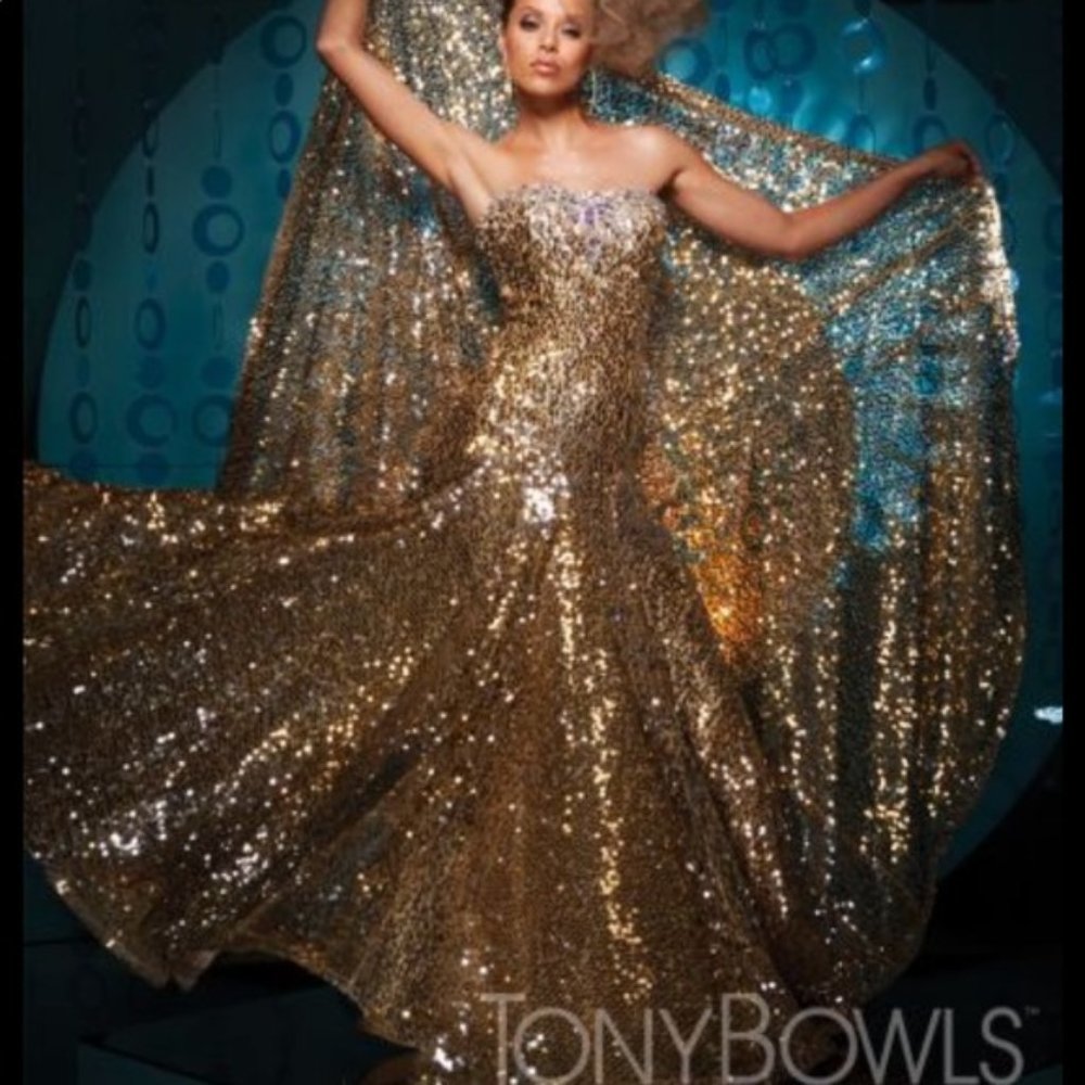 Gold Sequin and Crystal Beaded Mermaid Prom Dress